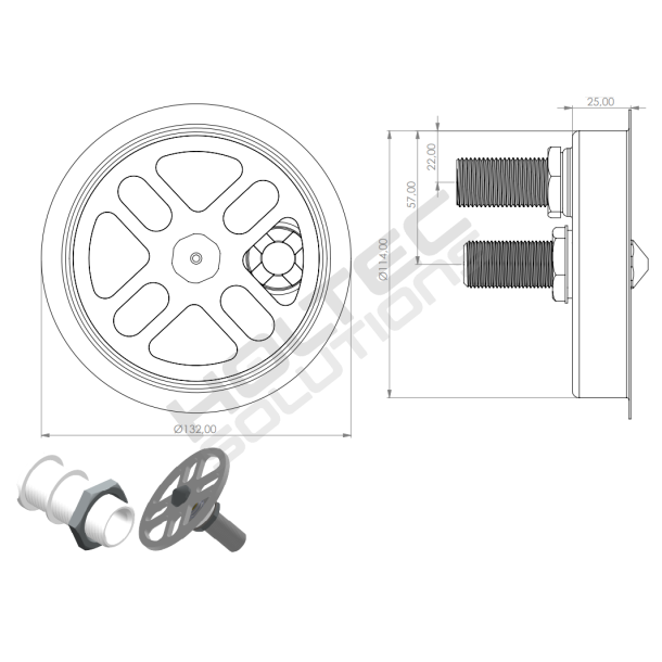 Spildbakke rund 132mm med SPUL INDBYG